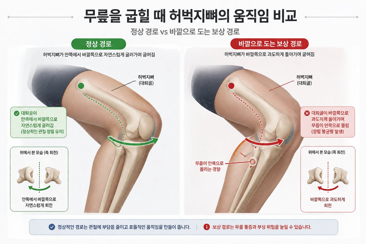무릎을 굽힐 때 정상 경로와 보상 경로를 비교한 그림