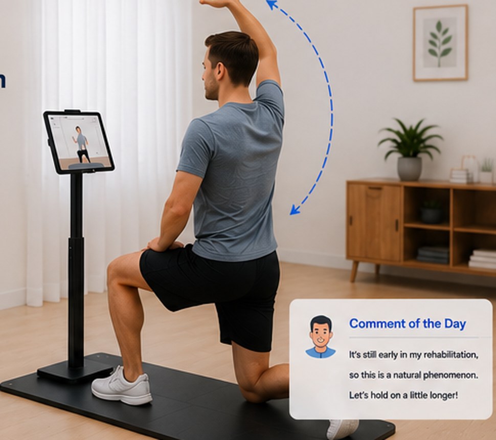 Prescribed rehab exercise in front of a mounted tablet